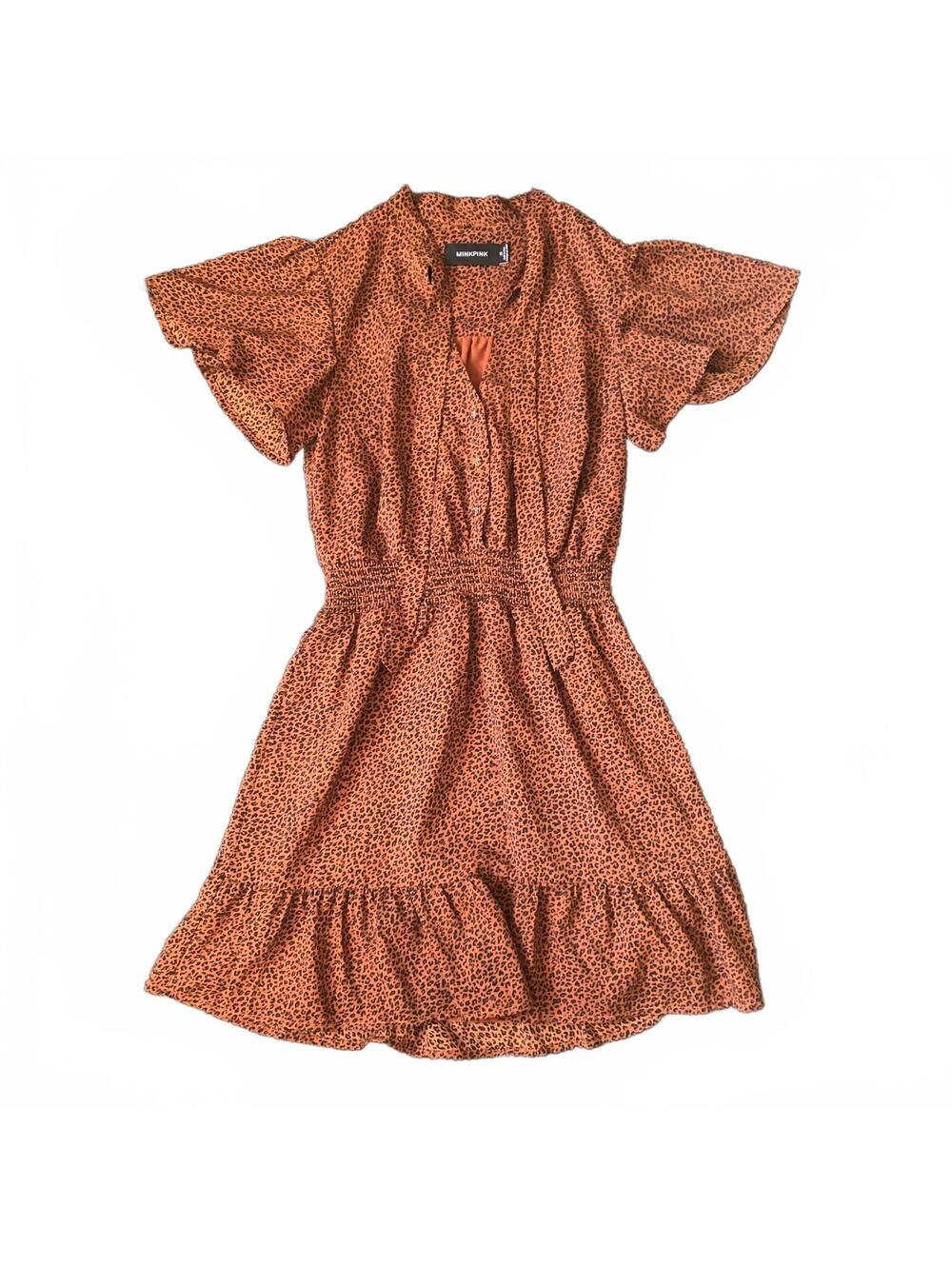 MINKPINK XS Rust Brown Leopard Print Short Sleeve Dress